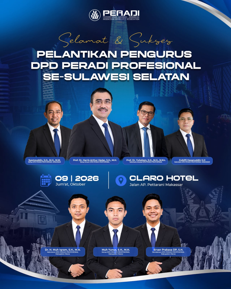 Resmi Dilantik, Muh. Yunus Pimpin DPD PERADI Profesional Maros, Siap Perkuat Profesionalisme dan Penegakan Hukum.